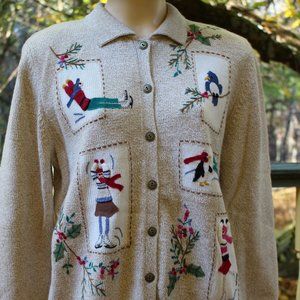 Alfred Dunner Embroidered Sweater Winter Scenes Skating, Skiing, Birds Sz XL